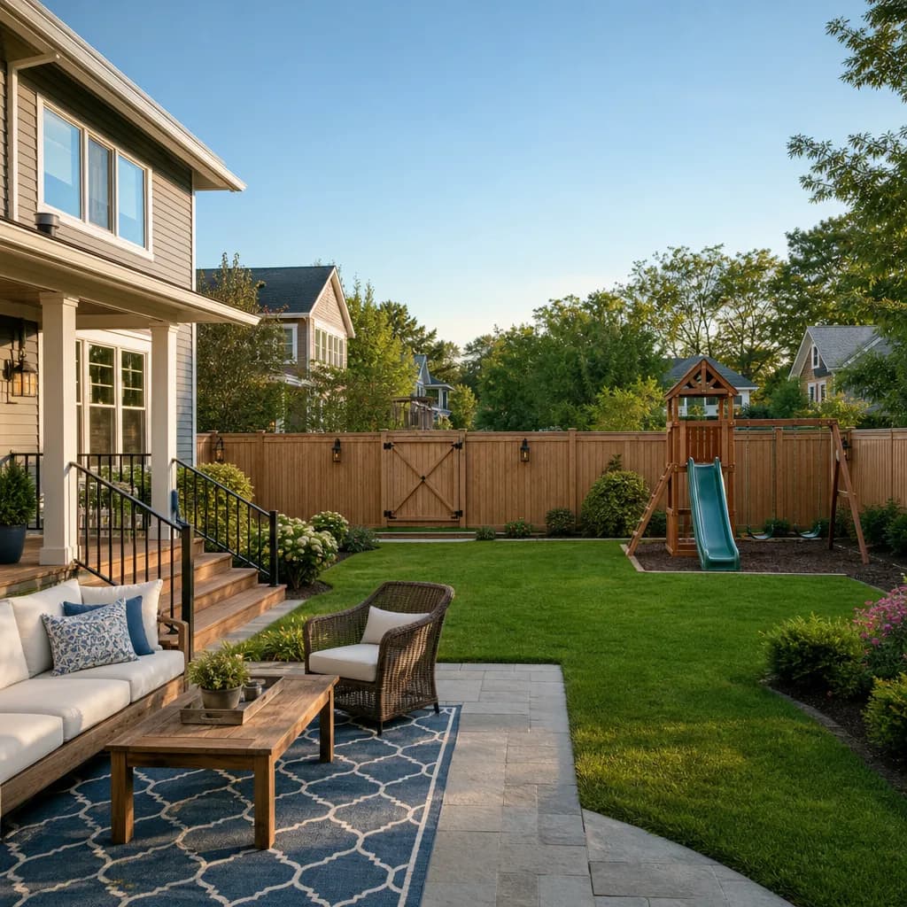 Well-kept furnished home with a secure fenced-in backyard and outdoor play space